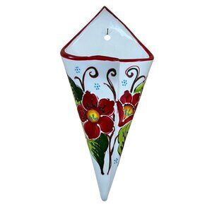 Hand-Painted Floral Cone Shaped Wall Pocket Vase Red Trim Heavy Ceramic Spain